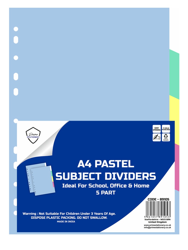 Prime A4 Pastel Subject Dividers 5 Part